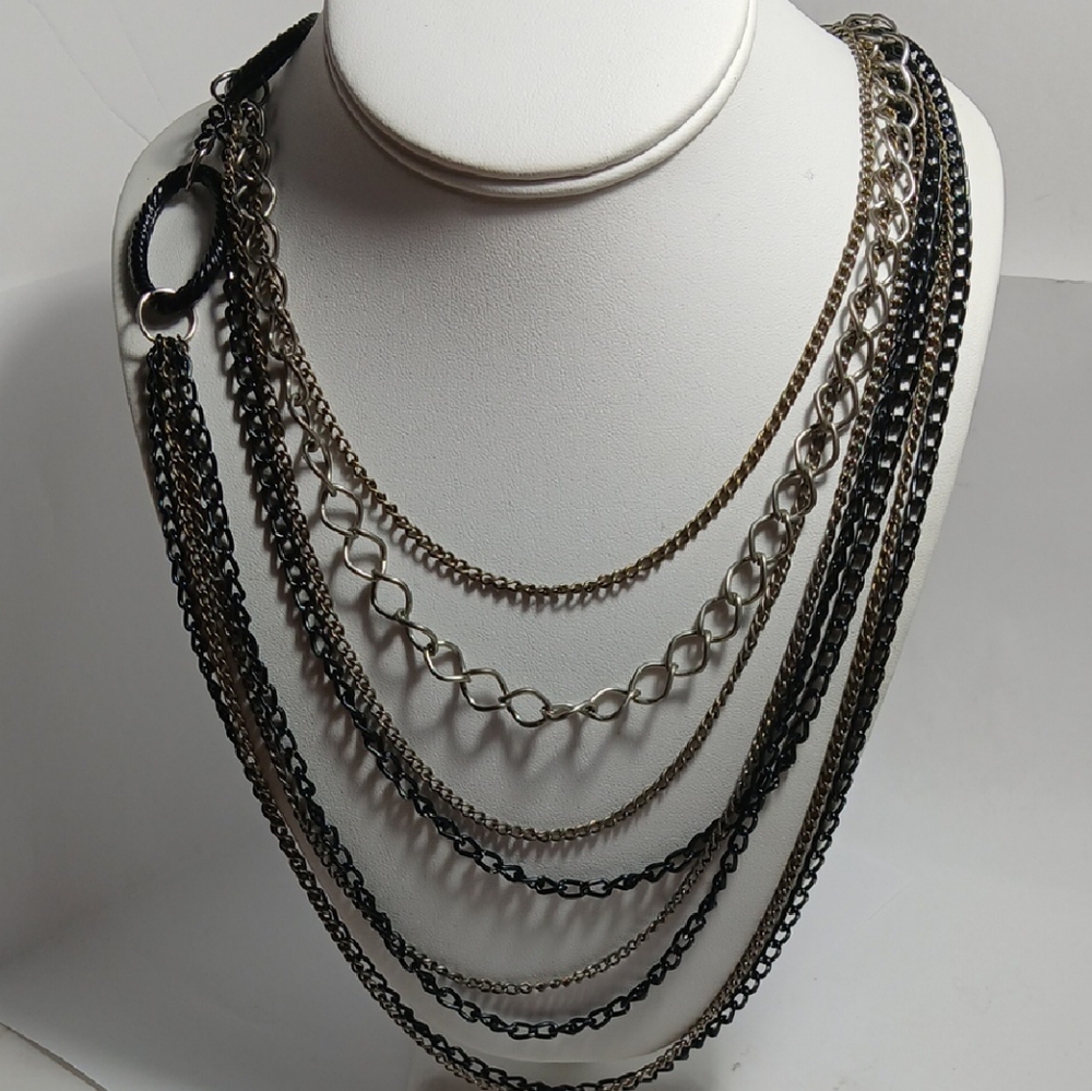 Multi-Layered Black and Silver Chain Necklace